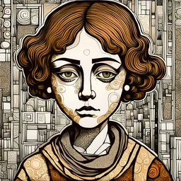 create an abstract asymmetric cubist, full body, lithographic print illustration of an epic grubby and ragged, sad eyed,17th century female Paris street urchin with highly detailed and deeply cut facial features, in the style of GUSTAV KLIMT, EDWARD BURNE-JONES, WILLIAM MORRIS, and KATHE KOLLWITZ combined with the comic art style of BILL SIENKIEWICZ and JEAN GIRAUD MOEBIUS, searing lines and forceful strokes, precisely drawn, boldly inked, and darkly colored