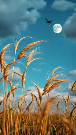 Windblown grass with winds with clouds and moon in the background, high quality picture 8k, beautiful cinematic lighting and colors