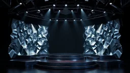 a 3d fractal stage structre made of metallic dark color 3d structures, pertty artistc background,dynamic lights