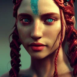 highly detailed beautiful girl viking queen portrait, red glass armor, blue delicate braided hair, green facial paint, cinematic lighting, 4k, 8k, octane render, digital concept art, trending on artstation, pinterest, extremely detailed, ambient lighting.