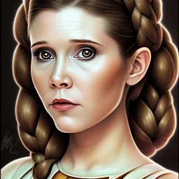 round framed complete and ultra realistic detailed head to waist portrait of young carrie fisher as Princess Leia with realistic hairstyle by Mandy Jurgens and mucha and Richard Schmid and chuck close and chie yoshii, extraordinary and detailed ceremony dress of star wars,brown eyes