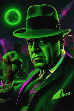 chiaroscuro, deep shadows, masterpiece, rich deep colors, highly detailed portrait, 500,000,000 years in the future, what if Al Capone was an extremely muscular giant green Martian with four arms, cosmic clouds, neon cityscape, muscle cars, planets, moons, stars, cosmic vortex, 4k, 8k, 16k, 32k. 100k UHD, extremely detailed skin texture, hyper-realistic, photorealistic, Realism Engine, Realistic Vision V