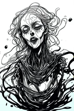 pen art sketch of a malevolent shape shifting female Funayurei water ghost , rough lines, boldly inked,