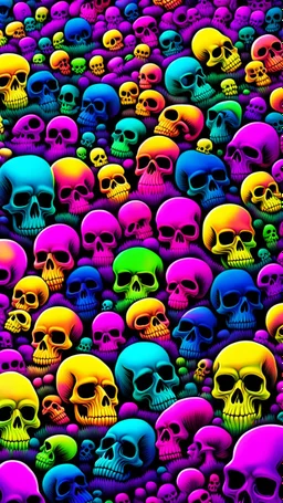 a field of 1000s of psychedelic psilocybin induced anatomically correct, skulls, vivid RANDOM BRIGHT neon colors, dark comedy, well lit, high detail, photorealistic, horrorcore, fun, scary, none featured, each a different color or hue,