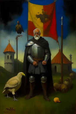 1970's dark fantasy cover dnd style oil painting of a medieval gigant man lord with chickens at the country from uruguay with the flag of uruguay with minimalist far perspective.