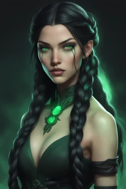 Hexblood warlock female. Lightly tanned skin. Long, thick, silky jet-black hair reaching her waist, with a center part and two loose Dutch braids starting at her temples, flowing into the rest of her straight hair. A few soft strands frame her face. Bright glowing pale emerald-green eyes. Delicate facial features, full lips, high cheekbones and a soft mischievous smile. Subtle dark vine-like markings across her neck and collarbone.