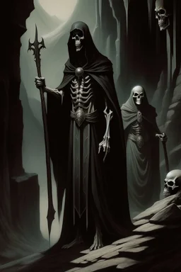 1970's dark fantasy book cover art dungeons and dragons style drawing of the grim reaper and paladin with minimalist far perspective