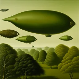 An olive green sky with airships painted by Henri Rousseau