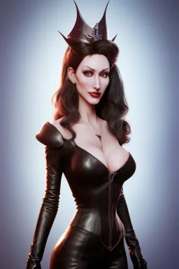 Brandi Love as evil queen in black leather, leather, busty, cleavage, angry, stern look. character design by cory loftis, fenghua zhong, ryohei hase, ismail inceoglu and ruan jia. unreal engine 5, artistic lighting, highly detailed, photorealistic, fantasy