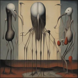 anthropomorphic sepsis metaphoric image with very long legs, failing the biomorphic Ibis inquisition, surreal, sinister, profound, dramatic, oil painting, fantastical, by Ray Johnson and Max Ernst