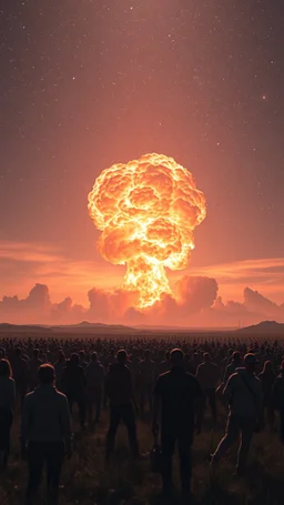A field of random people in a bright lighting , at the end of the picture the universe with stars sky background with a huge nuke explosion behind the explosion