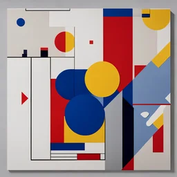 Create a Bauhaus-inspired design featuring geometric shapes, bold primary colors (red, blue, yellow), clean lines, , minimalist design, asymmetrical layout, modernist aesthetic, high contrast, retro-futuristic, innovative, avant-garde --s 150 --ar 1:1 --c 0