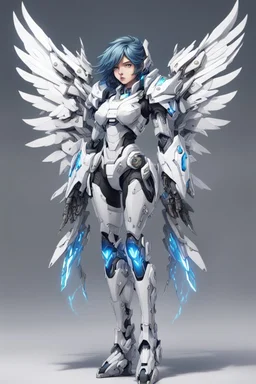 High quality 4K illustration of 25 year old anime style woman, full body with white armor, ultra detailed, modern, matte color details. The intricate design of the mecha features multi-layered scale armor and complex elements. The armor is light and tight, detailed on his legs. With enormous black and white wings extending from her back, her long blue hair is styled with diagonal bangs in a French braid. Red scarf around the neck. Bright white background, high brightness and contrast, cinematic