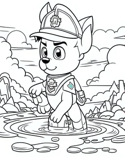 outline art for Paw Patrol swimming coloring page, Japanese manga style, cartoon style, cute face, white background sketch style, full body is a must, only use outline, clean line art, no shadow, bold outline