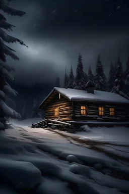 Snowy cabin in the mountains with a scary atmosphere
