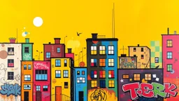 Colorful abstract urban landscape with various buildings, windows, and graffiti-like elements