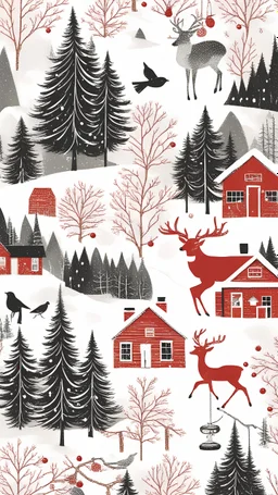 Nature-inspired Christmas: Illustrate beautiful nature scenes with a touch of Christmas, such as snowy landscapes with deer, birds perched on festive branches, or a peaceful cabin in the woods adorned with Christmas lights, outline, white and black