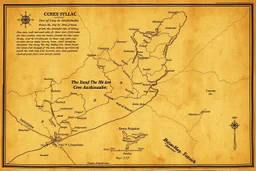 a scan of an ancient Cree Anishinaabe map, hand drawn been stained and weathered, text is in Cree Syllabic