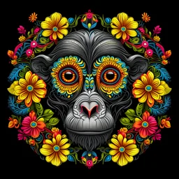 a colorful monkey face around big flowers mandala black background