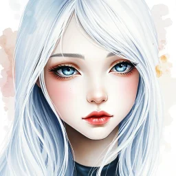 A young woman with long white hair, silver eyes, long eyelashes, very pale complexion, very shy, watercolor splotchy background, soft brushstrokes, intricately detailed