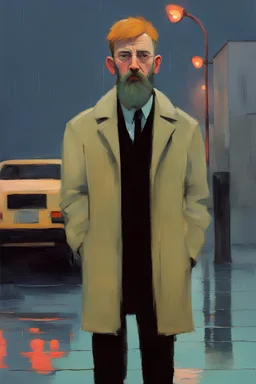 Euan Uglow-Ludwig Bemelmans oil painting, Otherworldly, young beautiful a dreaming young in cyberpunk futuristic brutalist city-factory lights, сute beard guy, cries suffering looks behind, at the camera at half height, pastel color puffy and wool textures fashion, stormy day rainy, By Simon Stalenhag Art