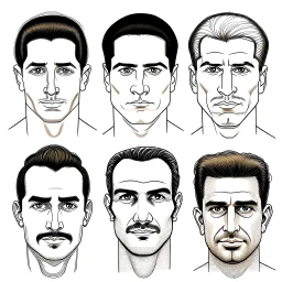 About drawing these features of a man's face Eyes: almond-shaped, medium-sized with defined eyelids and a direct and steady look. nose: a nose with prominent features, straight and with a slightly pointed tip, which can be described as a Roman nose. Mouth: Medium width with defined lips, neither too full nor too thin. Eyebrows: Naturally dense and curved, to match the shape of the face. Big Mustache: dense and arched following the shape of the upper lip.Chin and jaw: A prominent chin and defined