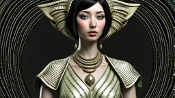 pale alien woman wearing exotic clothing. Black hair bob