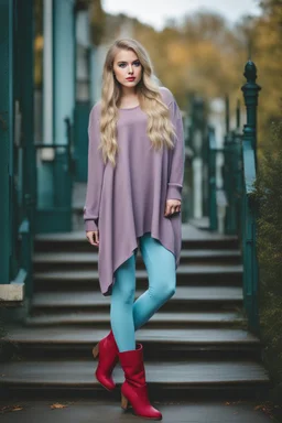 beautiful 18 year old girl with ash blonde hair and blue eyes with her curvy hair down, wearing a long-sleeved woollen top, and lilac long leggings, with long red boots full body shot