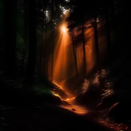 atmospheric deep orange light coming through a dark forest valley