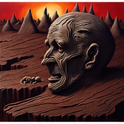 detailed peaceful landscape figure made of cake frosting, ice cream, dog teeth, Amano, Roger Dean, Max Ernst, strong texture Ernst Haekel, extreme detail, sunrise, nothingness and distressing anguish old wooden figure high contrast rich moody colours