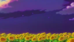 purple sky full of stars, sunflower field, anime, high res, makoto shinkai