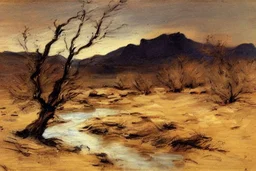 Dry trees, night, arid land, vegetations, rocks, little river, mountains, philip wilson steer impressionism painting