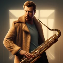 portrait of danny mcbride playing saxophone, blade runner, low key lighting, volumetric light, digital art, highly detailed, fine detail, intricate, complex, octane render, unreal engine, photorealistic