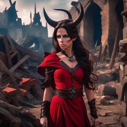 a beautiful tiefling woman with dark hair in a sleeveless battle outfit, amidst the ruins of a medieval town destroyed by war, photo quality, the whole scene in dark red colors