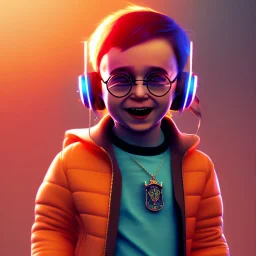 Harry Potter toddler, smile, cyberpunk headphone, sunglass, gangsta neckless, full body, orange puffer jacket, tokio background, dramatic lighting, hyper realistic, unreal engine 5, 16k