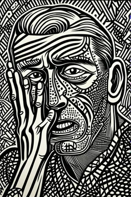 tribal man in grief with hands on face pencil draw style of roy lichtenstein