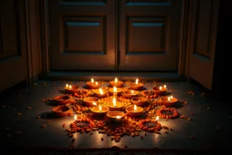 Diwali diyas arranged in mandala pattern on doorstep, marigold petals scattered between, oil flames dancing, festival of lights entrance