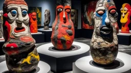 Flowing lava lakes with angry faced statues painted by Jean Dubuffet