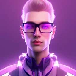 Cute boy face eyeglasses , Sci-fi character, purple backlight, pink and purple, scifi suit, profile, purple background, pink lighting