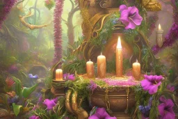 Tropical flowers,heart drawing, crystals, tropical leaves, sacred altar, Fantasy temple