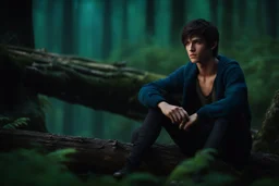 evan buckley as 17 year old male with short dark hair and blue eyes sitting on a log , photorealistic, 4k, dark fantasy