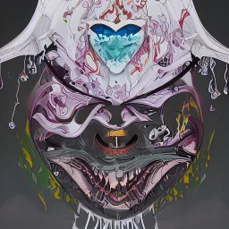 Surreal digital illustration of only a floating mouth that is puking out a psychedelic lovesick hearts covered in spit, spilling from the large pair of cartoonist , Camilla d'ericaoverexaggerated lips, manga inspired, absurdist, postmodern, only black and grey color palette, crude, fluid acrylic paint, epoxy resin , acrylic pour, unusual colors, trippy, gross, abstract, pulp fiction art style illustration, behance, grotesque, lovesick,