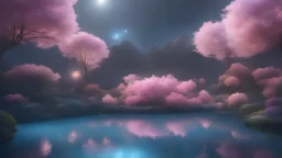beautiful galactic garden, pure harmony, soft pink, soft blue, galactic, magic, transcendent, goodness, divine, warm look, fantastic magical flowers background, colored lake, ultra sharp focus, ultra high definition, 8k, unreal engine5