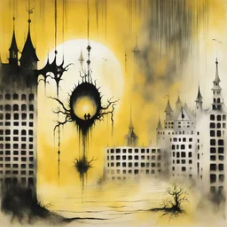 "Upon a Midnight Dreary", Ink illustration by Stephen Gammell, heavily inspired by the unsettling symbolism of Zdzislaw Beksinski, flourishes of Kay Nielsen and Arturo Souto, depicting a stylish macabre daymare sinister dreamscape, deep colorful hues, macabre reveries, creepy, moody, dramatic