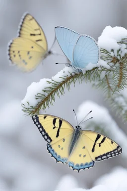 Light yellow and light blue butterflies in the snowy winter