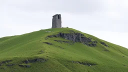 Solitary tower emerging from a hillside covered in green grass, contrasting with the eroded rock at the top.