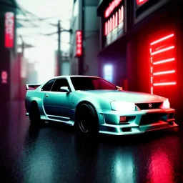 nissan skyline r34; in an alternate universe in tokyo; cyberpunk; realistic; rain; neon signs