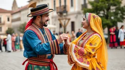 a qazak couple in folk costum dancing in national still,in capital city bakoo,full body shot