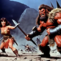 [colour 1960’s stop-motion animation style on the battlefield ] a 70s advertisement video TV featuring a fight begins with great intensity.The barbarian warrior uses her weapons hitting the monster severely ripping pieces of her grotesque and monstrous foe. but the monster is very strong and does not let himself be killed.he attacks with deadly fury the barbara warrior and manages to grab her embracing her with his distorted and very strong arms, full of rigid muscles.he hugs her very tightly