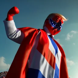 realistic image of donald trump as a mexican wrestling fighter posing outdoors, Mexican eyes wrestling mask, red and blue breeches, confederate flag cape, retro style, 80s, vibrant color, highly detailed, sky background, concept art, unreal engine 5, god rays, ray tracing, RTX, lumen lighting, ultra detail, volumetric lighting, 3d, finely drawn, high definition, high resolution.